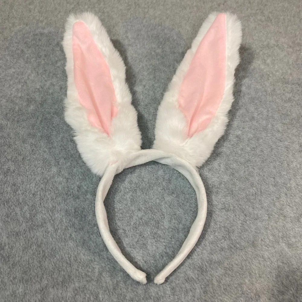 Bunny Ears Headband Poseable Plush White‎ Pink Faux Fur Easter Costume Party New